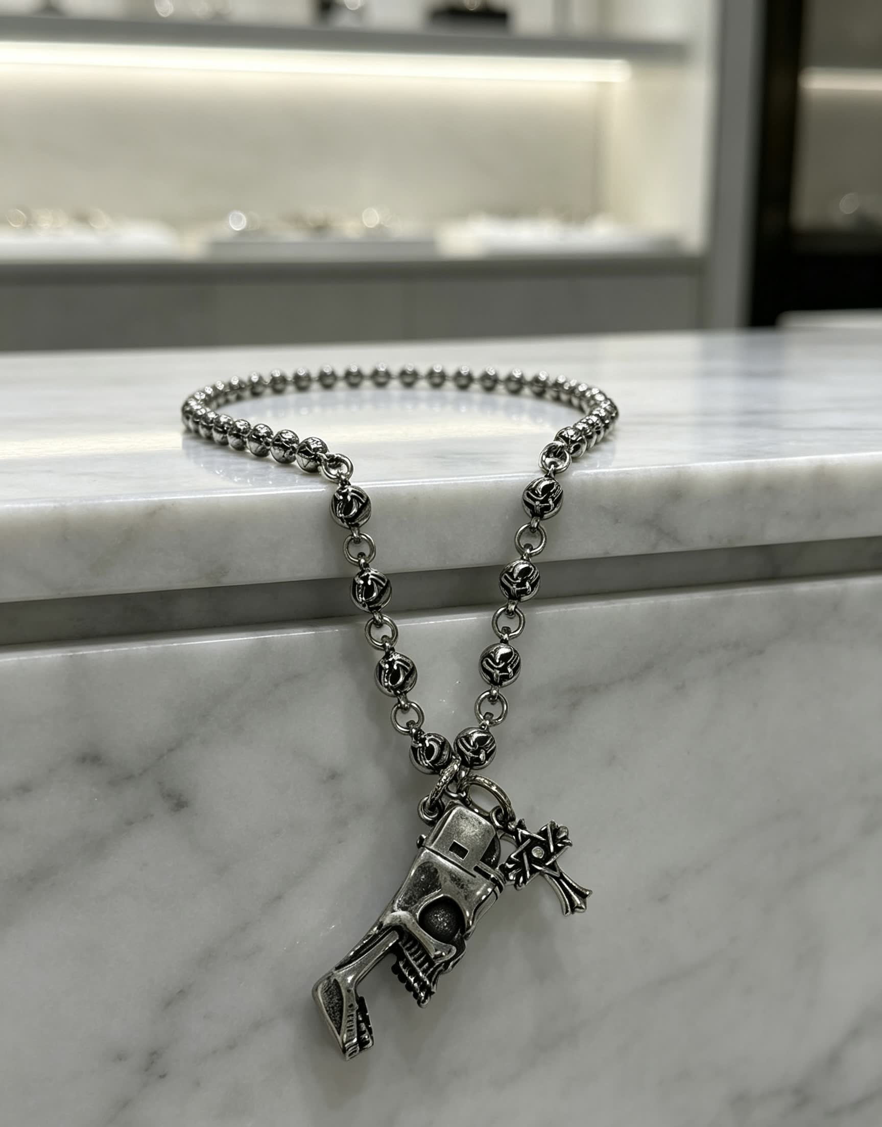 Chrome Hearts Silver Skull and Crossbones Necklace